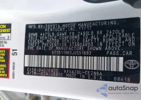 2018 Toyota Camry Le z USA, uszkodzony, nr VIN 4T1B11HK5JU551693